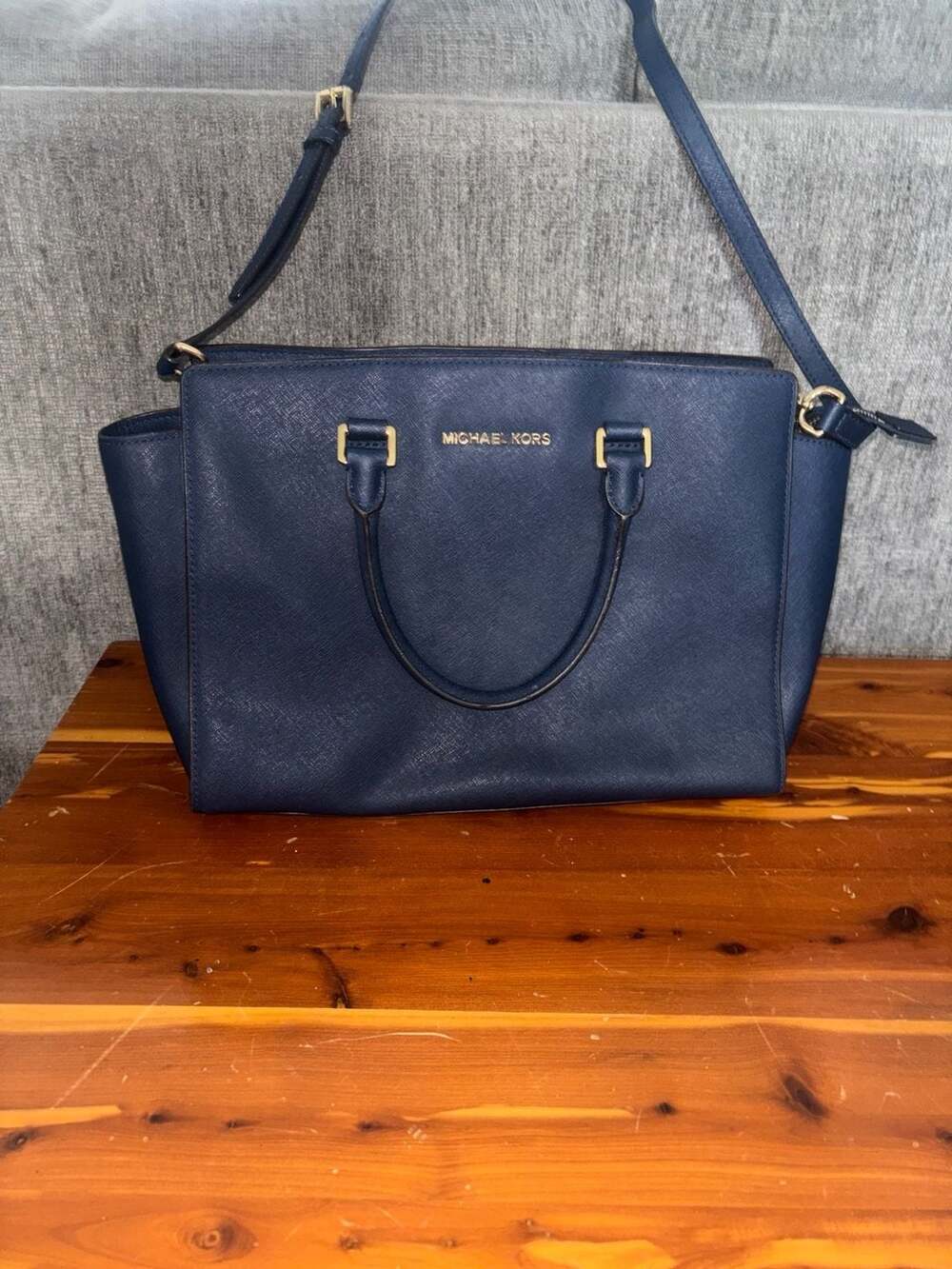 Michael Kors Selma Large Satchel Navy Blue Saffiano Leather Handbag